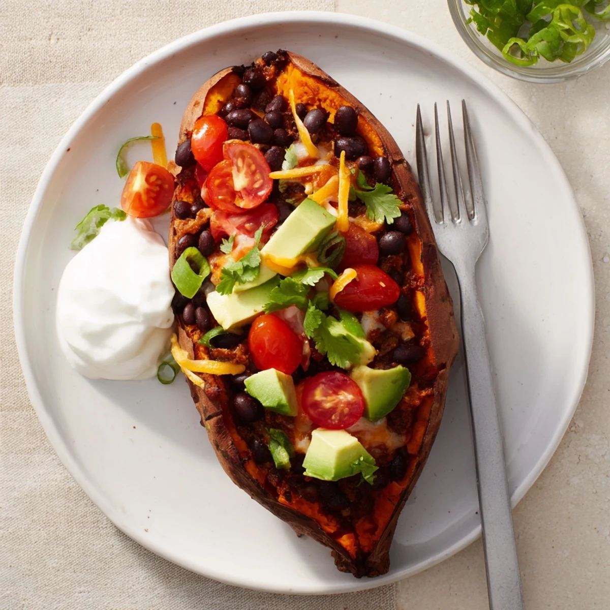 Golden-brown Loaded Baked Sweet Potatoes, brimming with flavorful toppings, perfect for a cozy, satisfying meal.