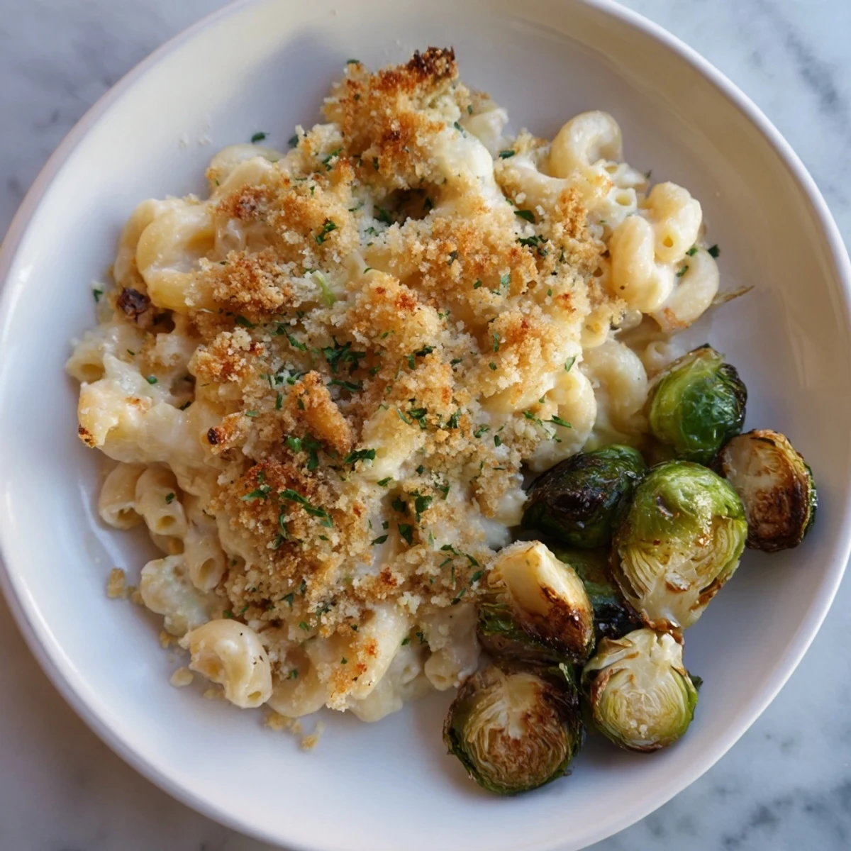 Sheet pan mac and cheese with Brussels sprouts, golden-brown and bubbling for a comforting family meal.