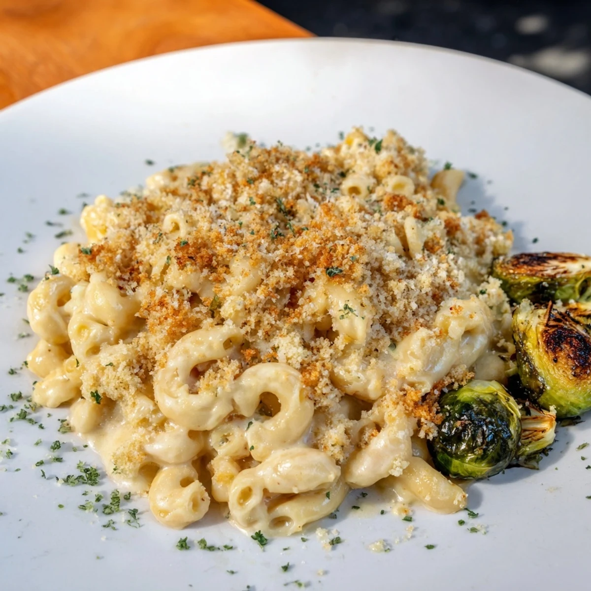 A close-up shot of sheet pan mac and cheese, crispy breadcrumbs topping creamy cheese, and roasted sprouts.