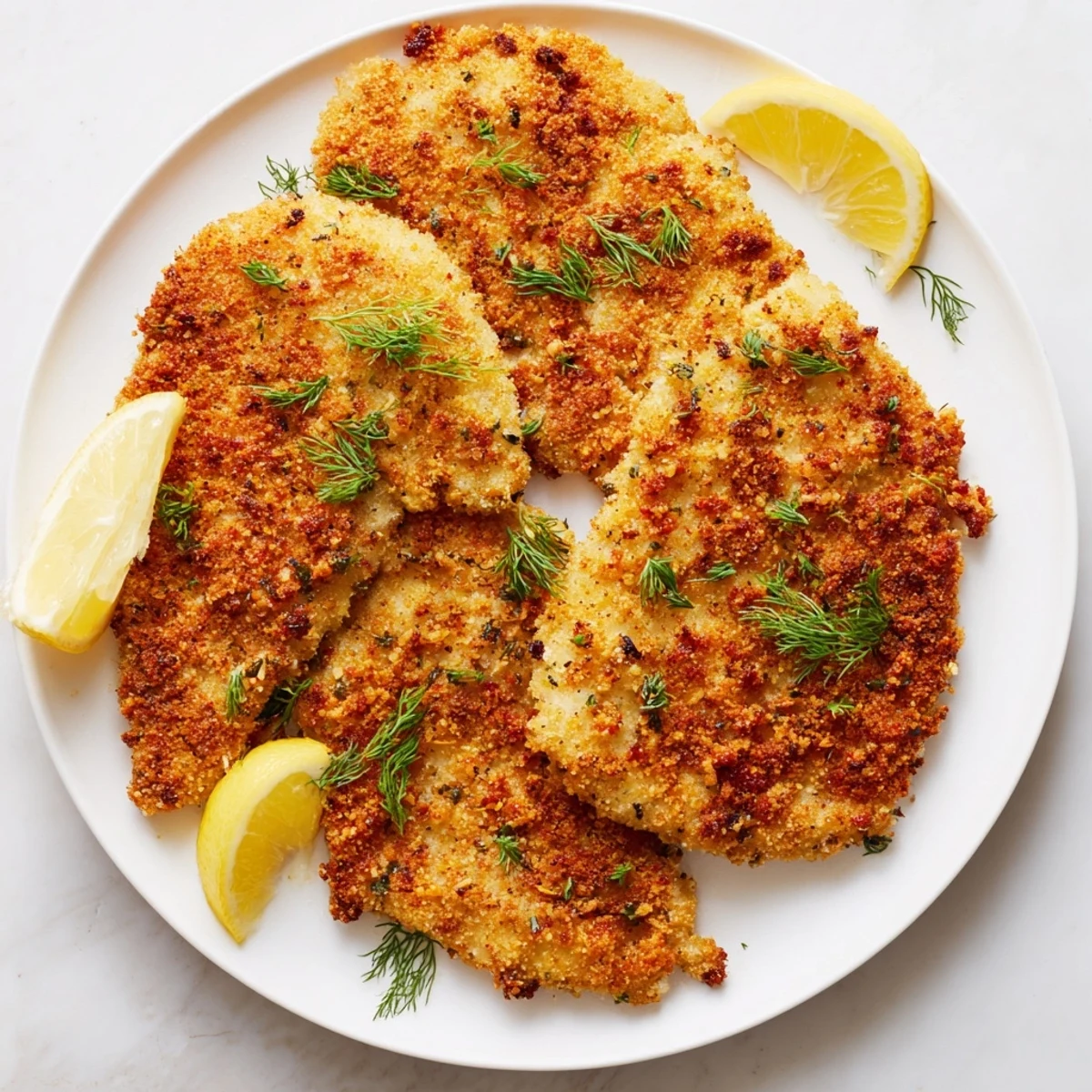 Golden-brown pickle-brined chicken cutlets, crispy breading, ready to devour with lemon.