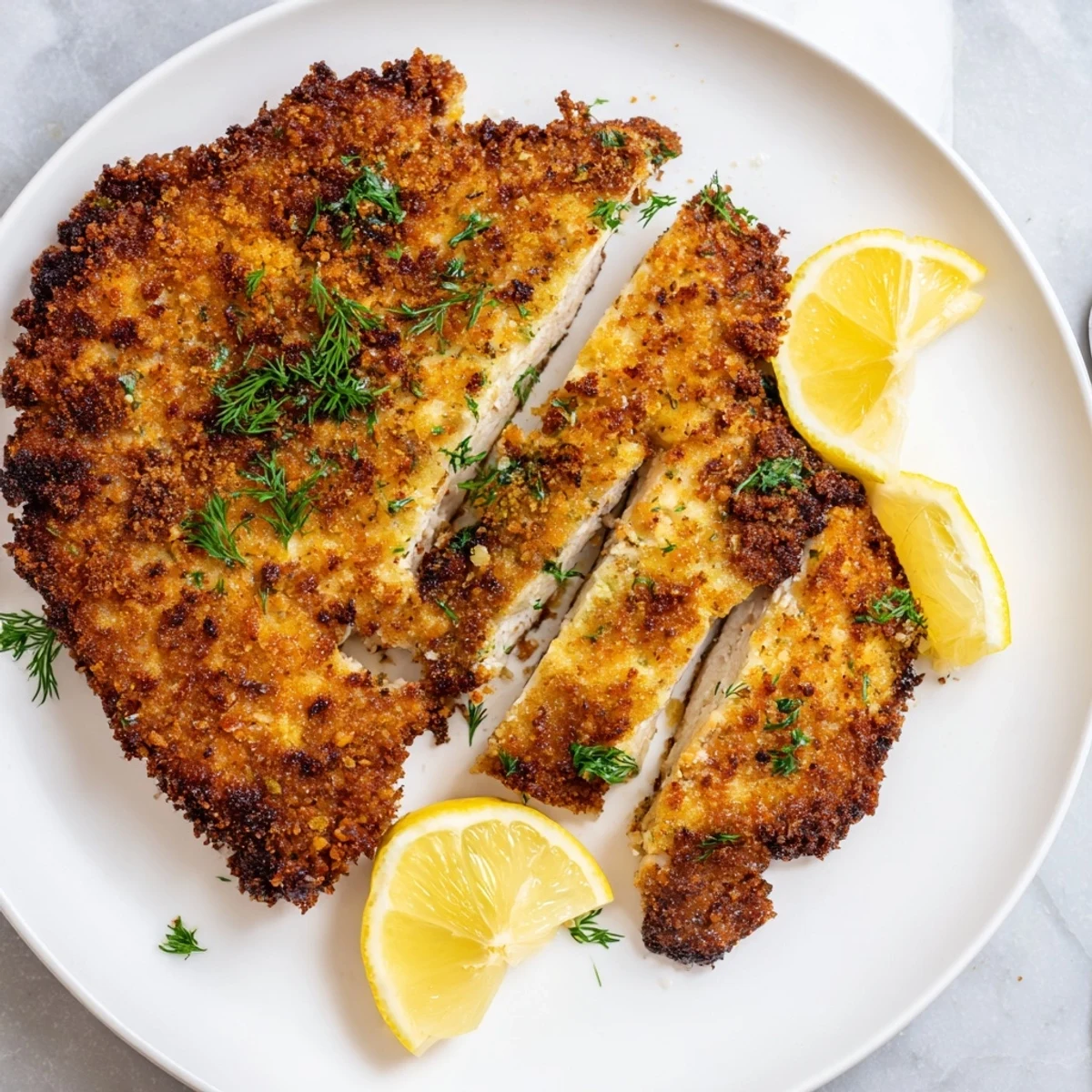Pan-fried pickle-brined chicken cutlets with a perfectly golden crust, offering a salty, tangy taste.