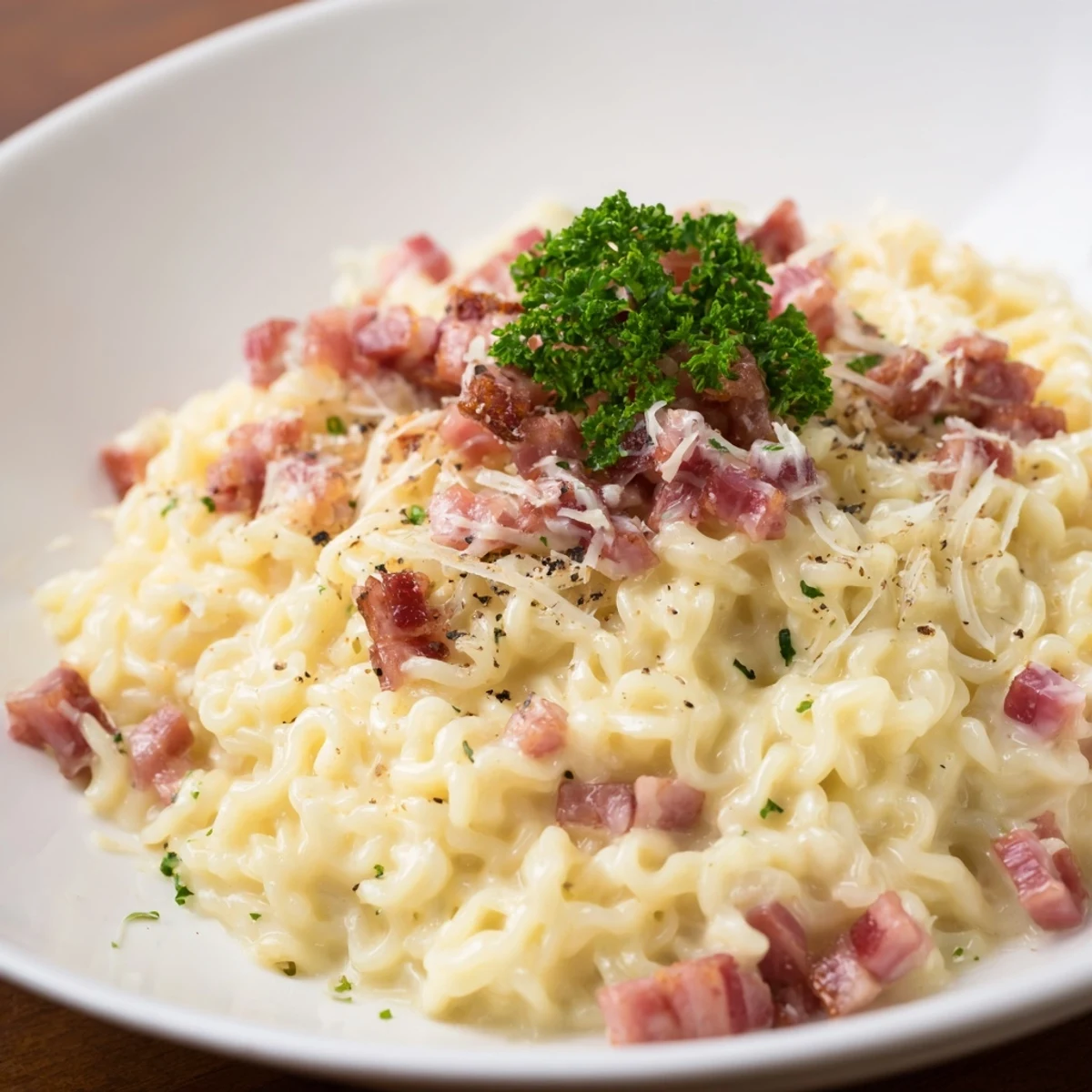 A steamy bowl of Carbonara Ramen Fusion with bacon and parsley, Italian-Japanese comfort food.