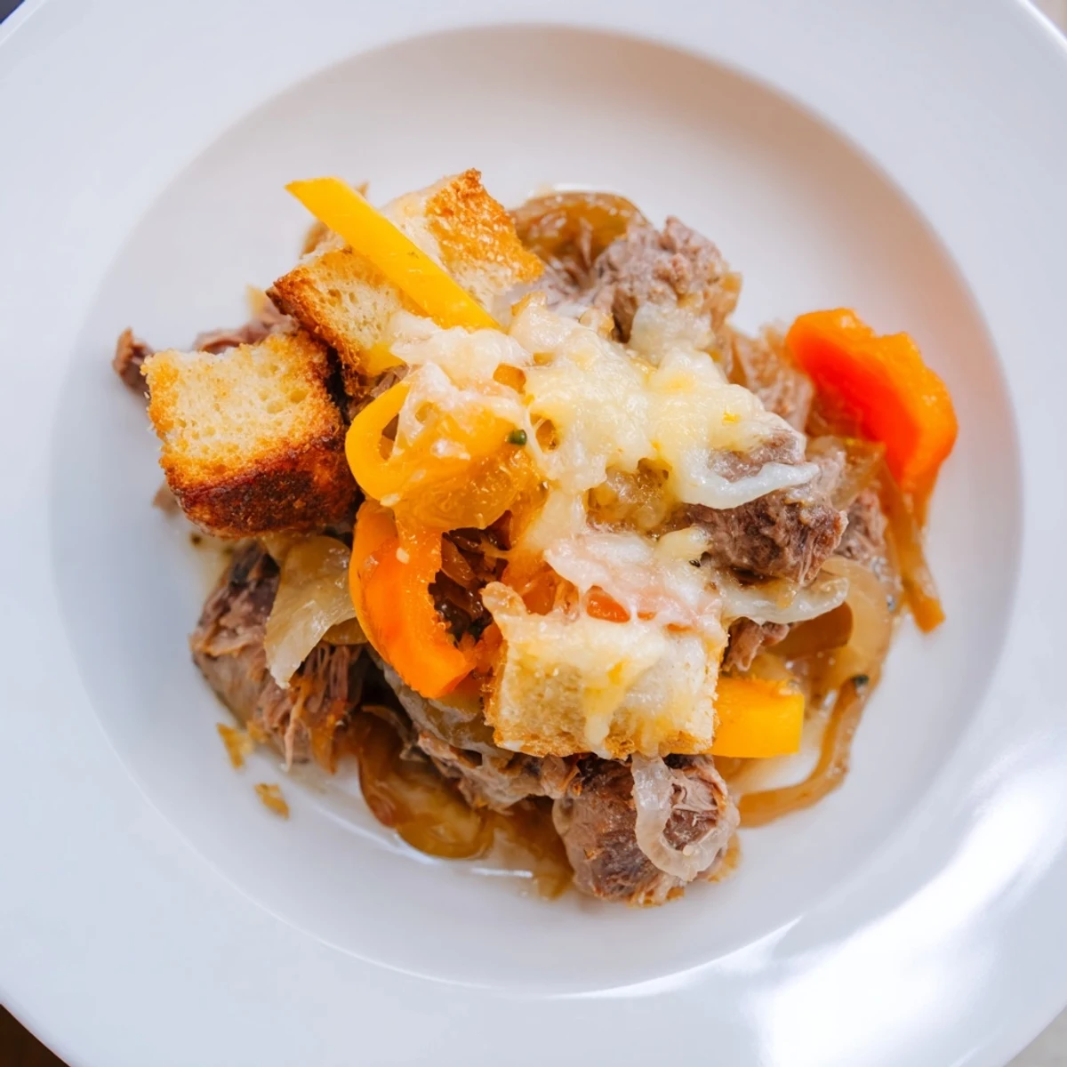 Golden-brown French Onion Pot Roast Casserole bubbling with melted cheese and tender pot roast.