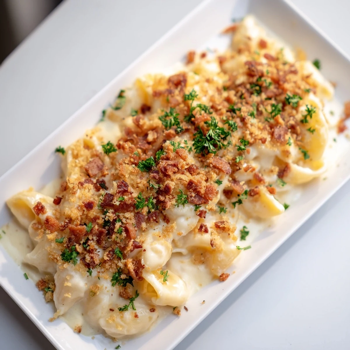 Golden brown sheet pan mac and cheese with crispy bacon, a comforting easy American main dish.