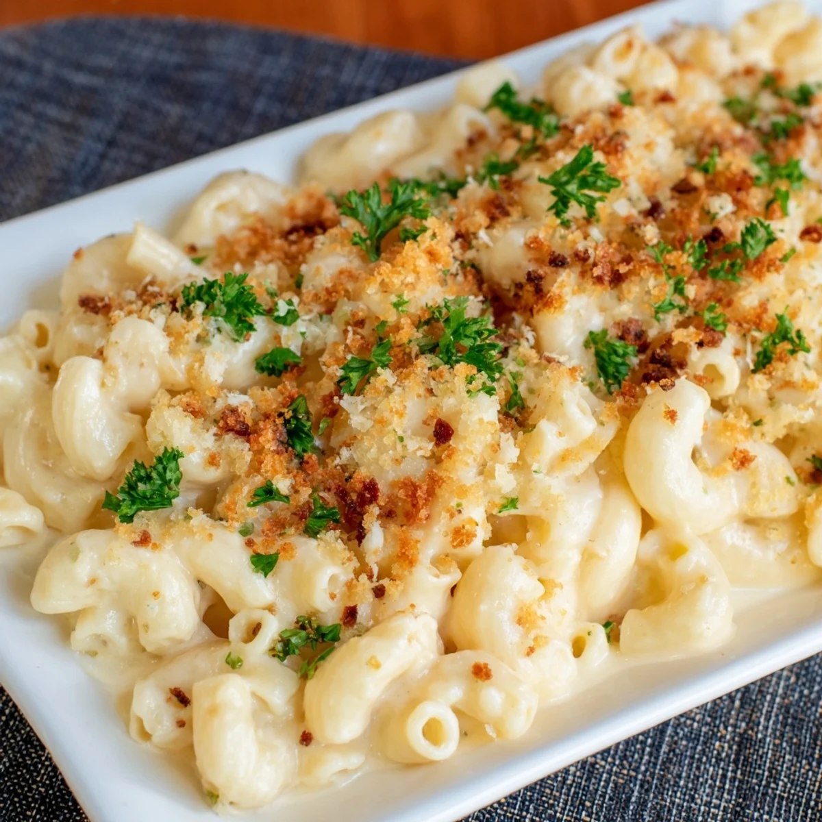 A close-up of bubbly Sheet Pan Mac and Cheese with a flavorful bacon crumble topping, so delicious.