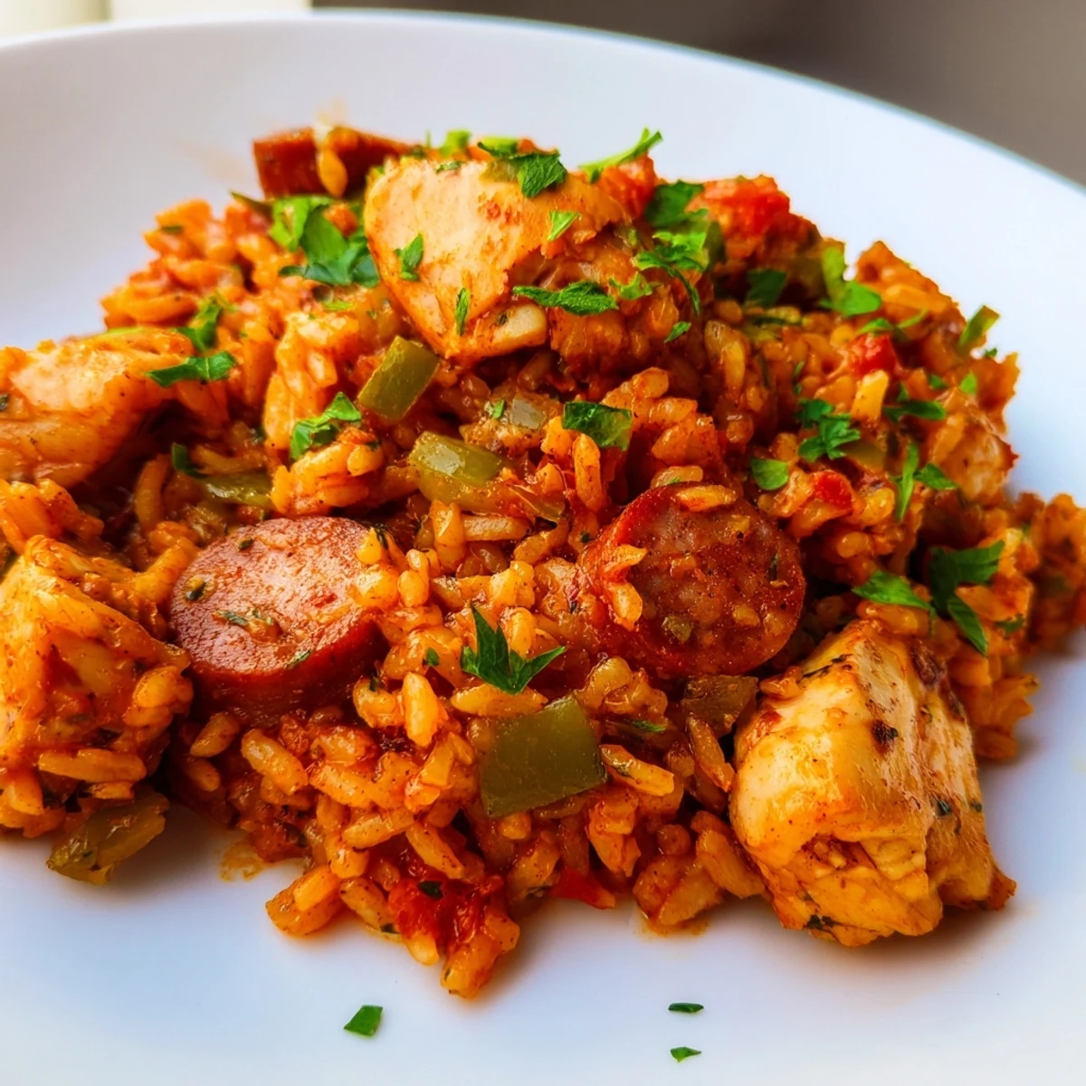 Golden-brown rice and vibrant vegetables mingle in this delicious Simple Chicken and Sausage Jambalaya.
