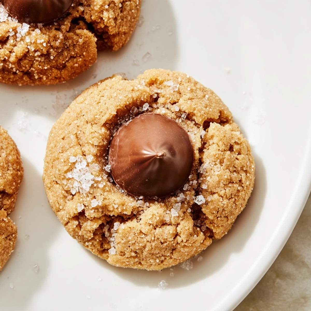 Close-up of a plate of freshly baked 3-Ingredient Peanut Butter Blossoms, ready to be enjoyed!