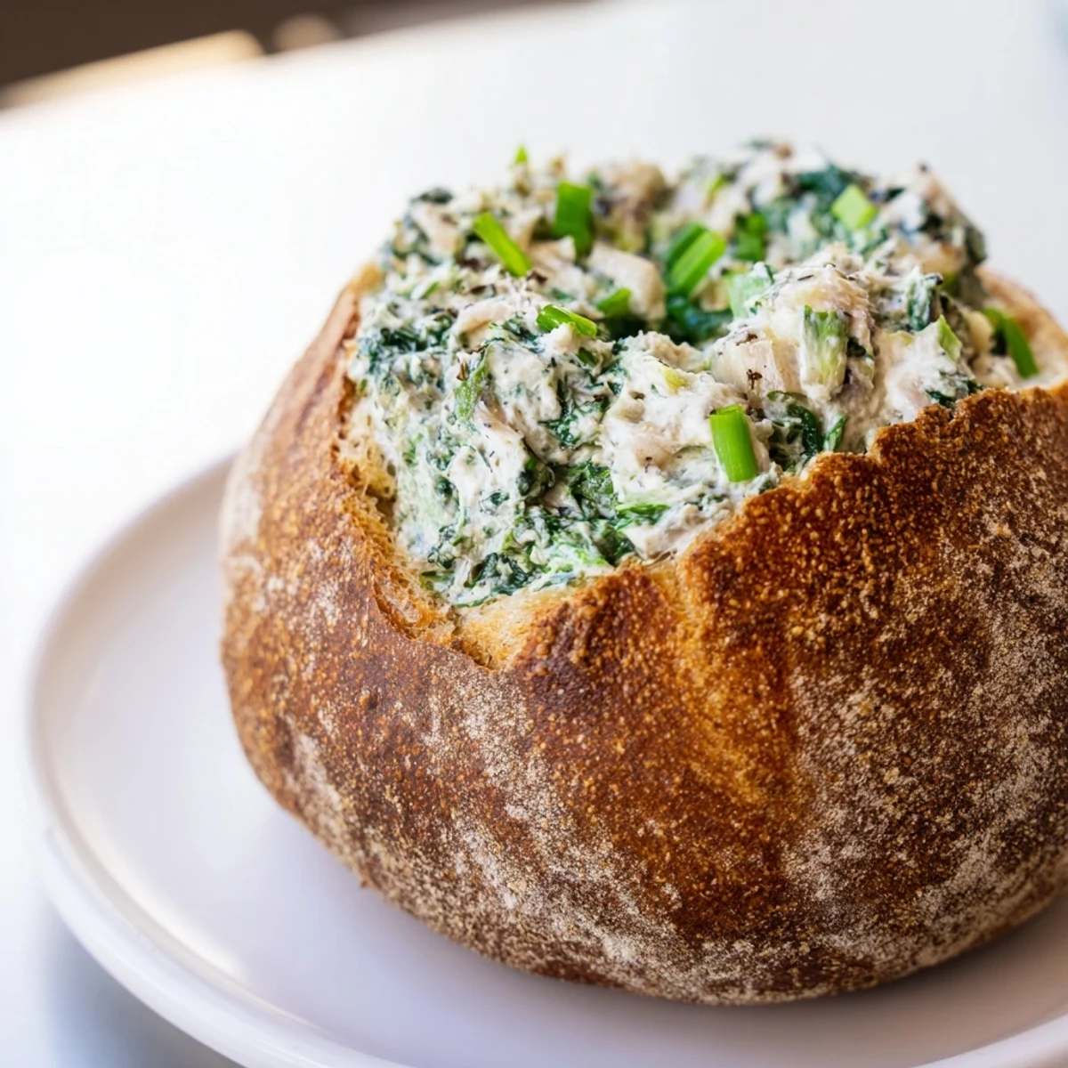 Delicious, creamy spinach dip served in a crusty bread bowl, ready for dipping and sharing.