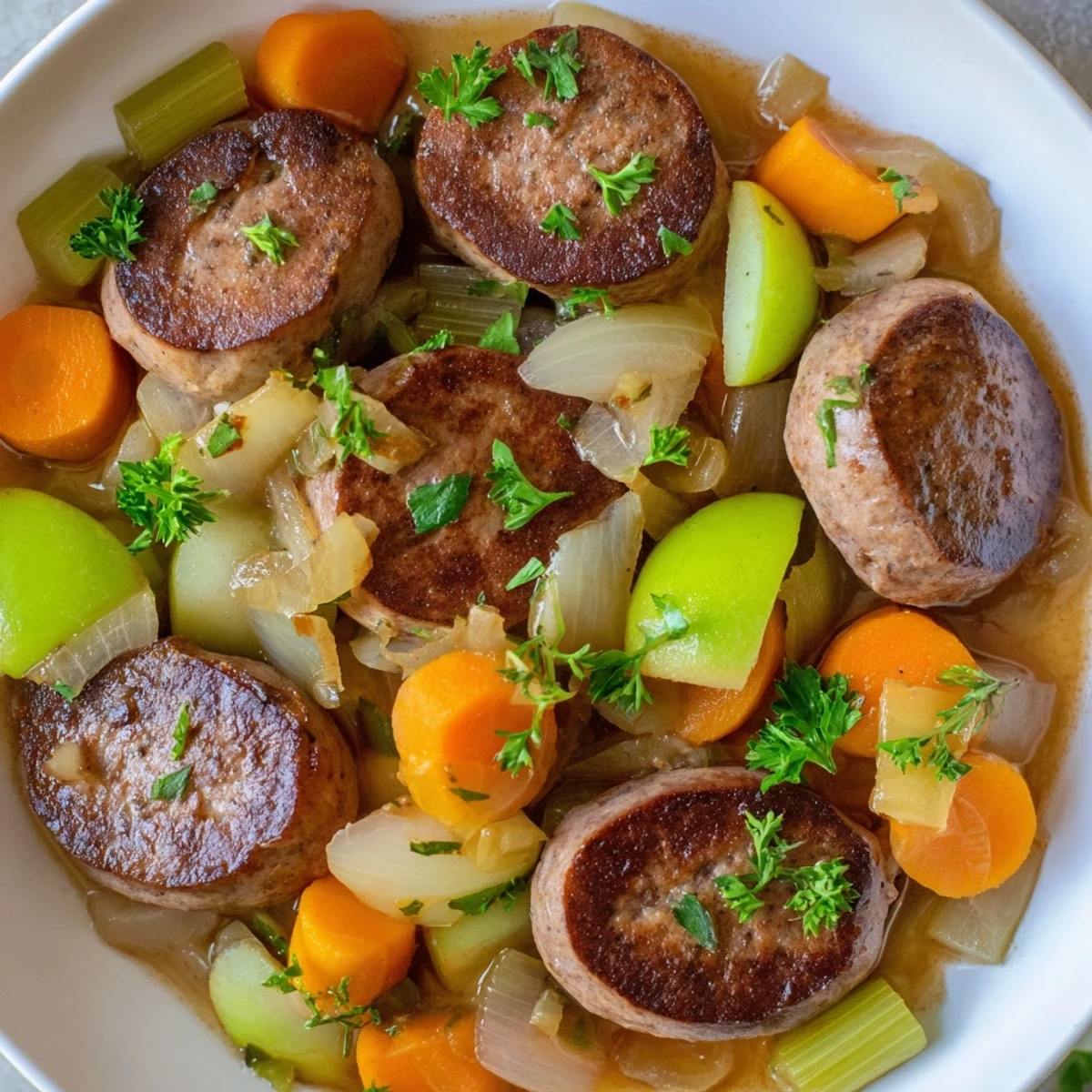 Stovetop sausage, celery, and apple hotpot simmering in a Dutch oven with visible, browned sausage pieces.