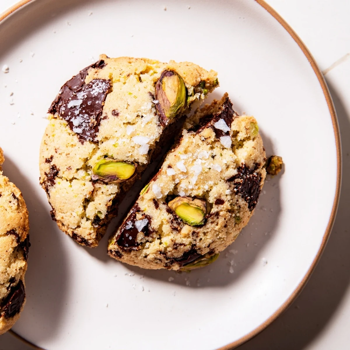Golden, crisp Salted Pistachio Chocolate Chunk Shortbread, showcasing the texture of pistachios and dark chocolate.