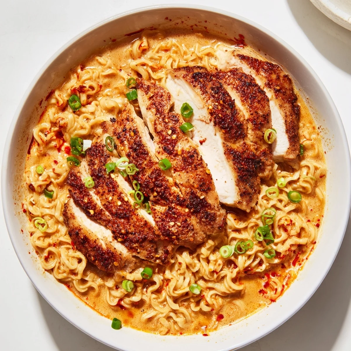 A close-up of Fiery Chicken Ramen showcasing creamy garlic sauce, spicy broth, and perfectly cooked noodles in a bowl.