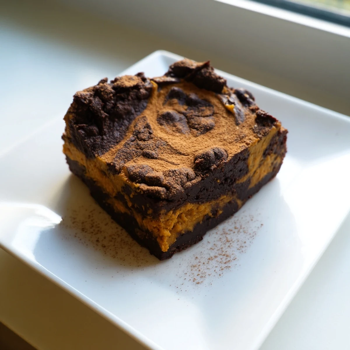 A stack of delicious Pumpkin Workout Brownies, perfect post-workout, appearing rich and chocolatey.