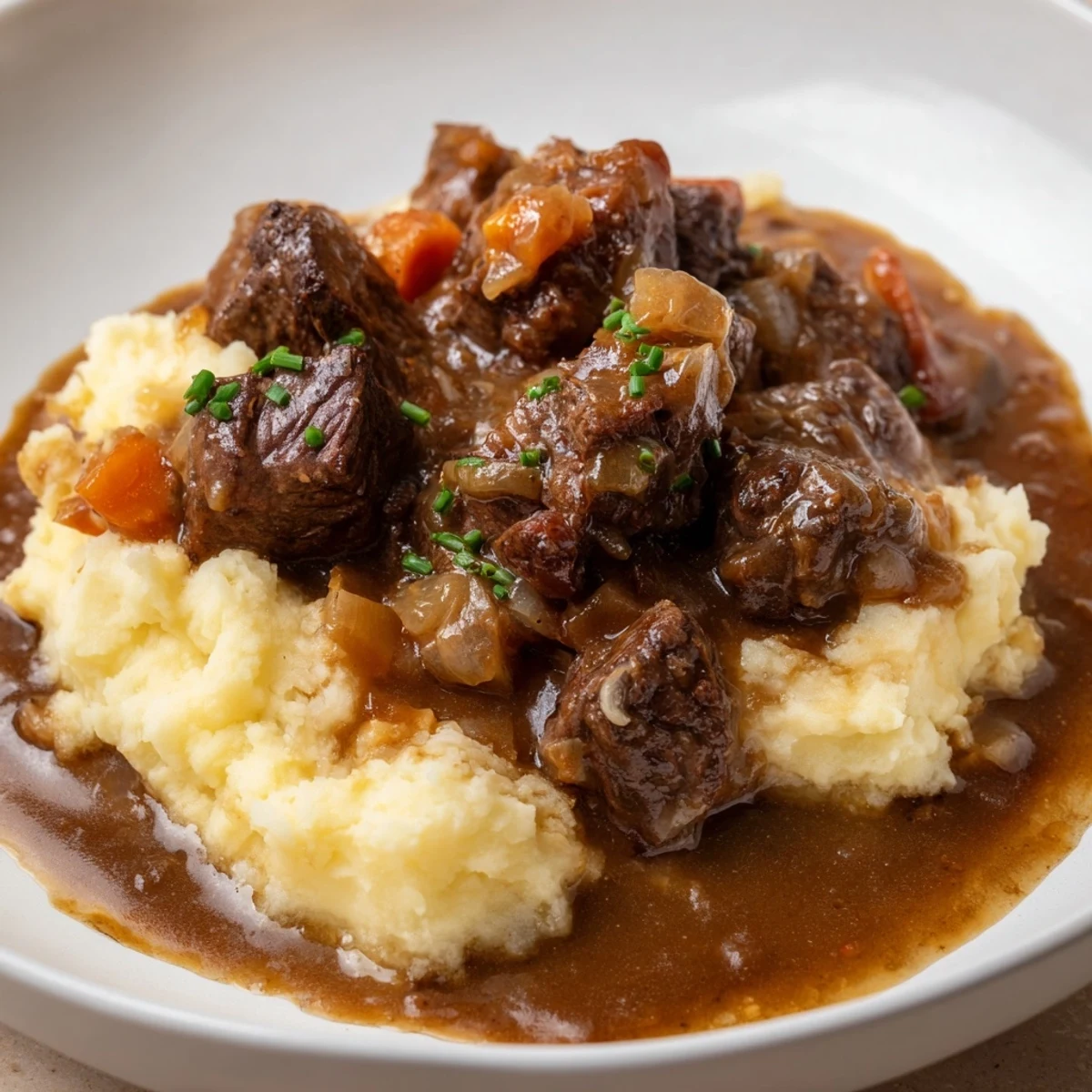 Tender apple cider beef stew ladled over creamy cheddar mashed potatoes, a comforting dinner.
