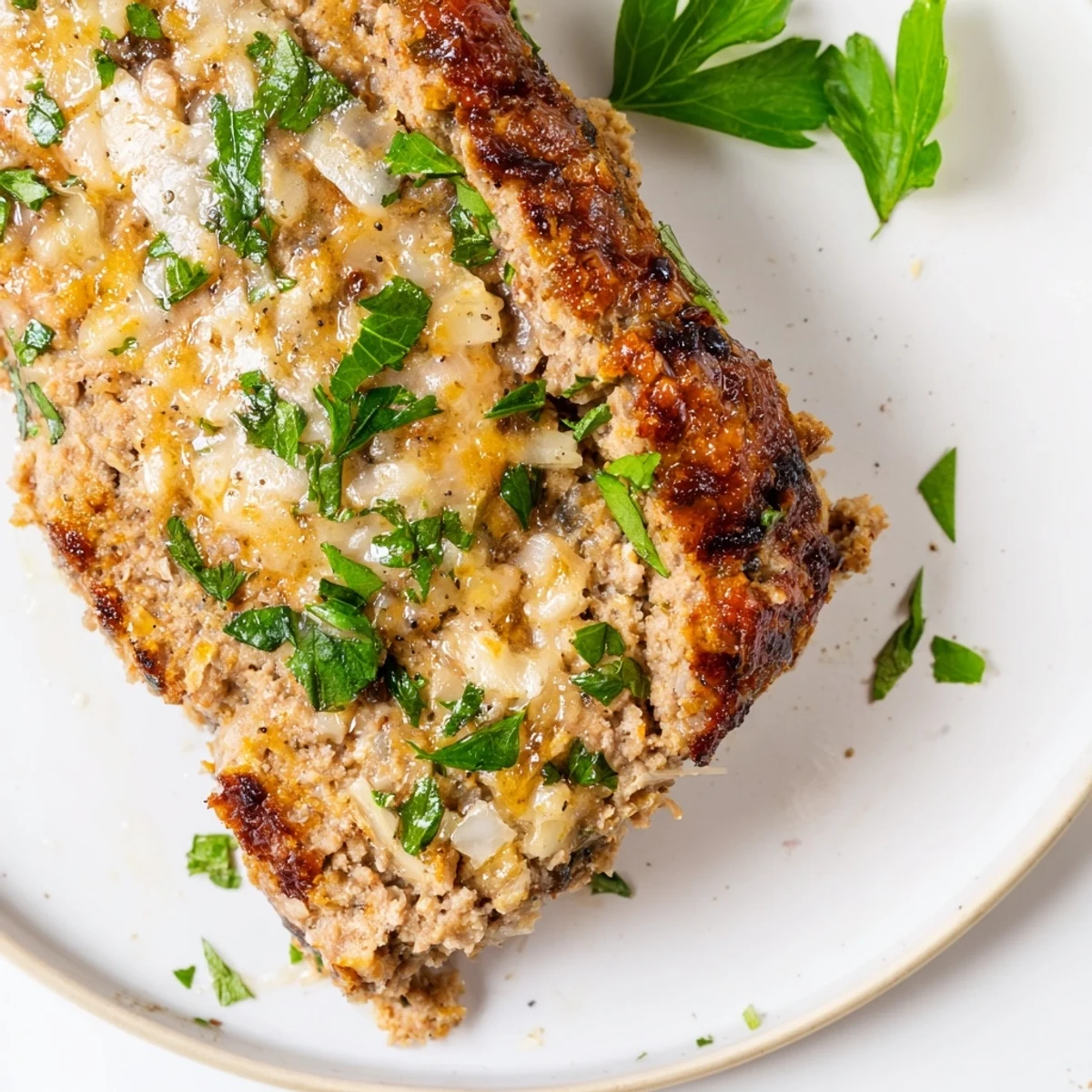 A close-up of a juicy slice of Garlic Parmesan Chicken Meatloaf, garnished with fresh parsley, ready to eat.
