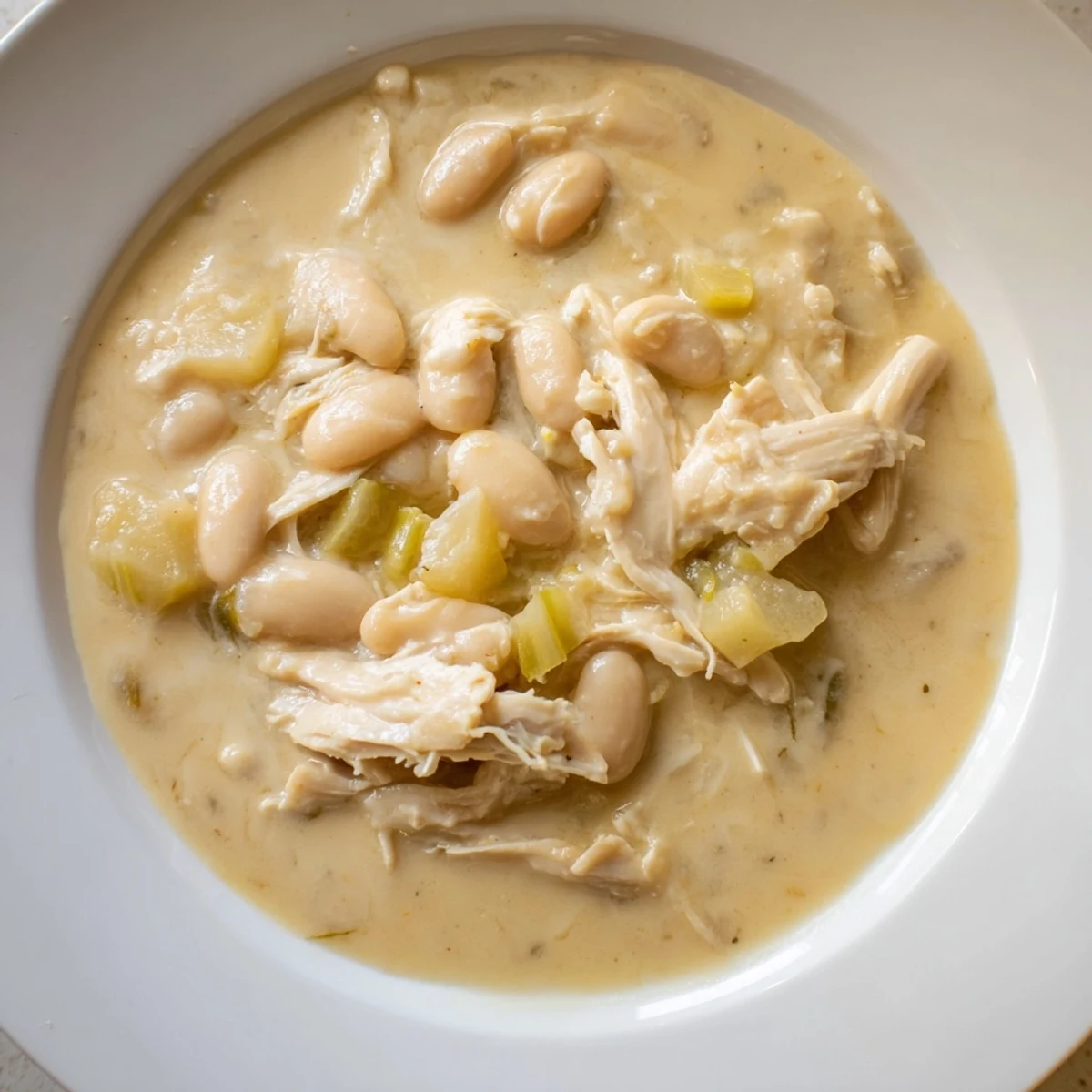 Steaming bowl of 35-Minute White Cheddar Apple Chicken Chili, topped with extra cheddar and diced apples.