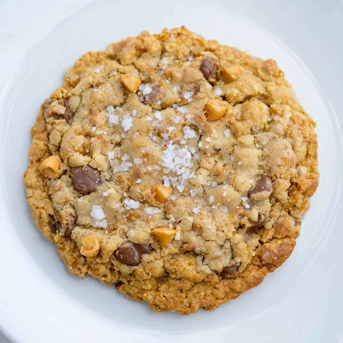 Warm Best Ever Butterscotch Chocolate Chip Cookies with sea salt, golden and inviting on a baking sheet.