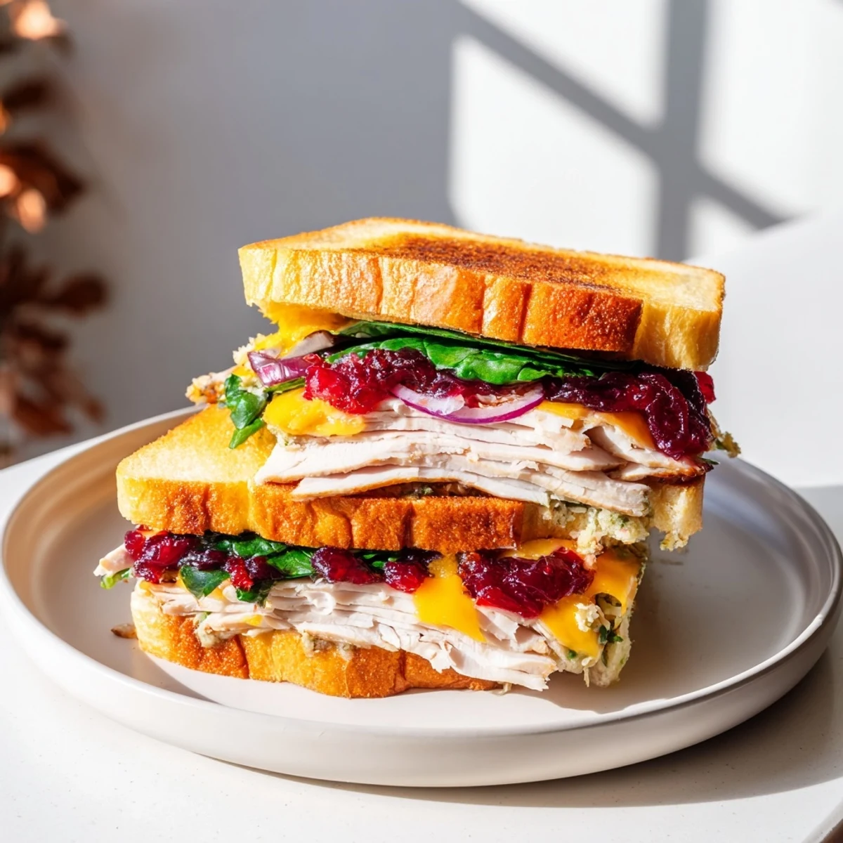 A close-up shot of a melty Budget Christmas Sandwich on Brioche, ready to be sliced and devoured.