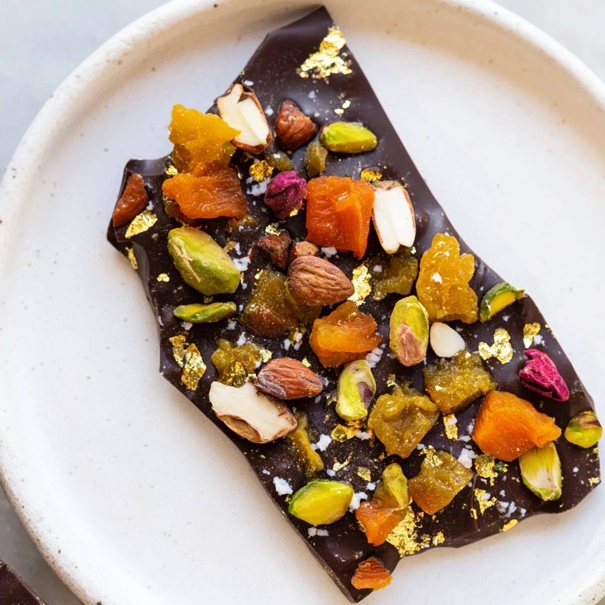 Delicious Simplified Dubai Chocolate Bark, packed with pistachios, almonds, and dried fruits, ready to enjoy.