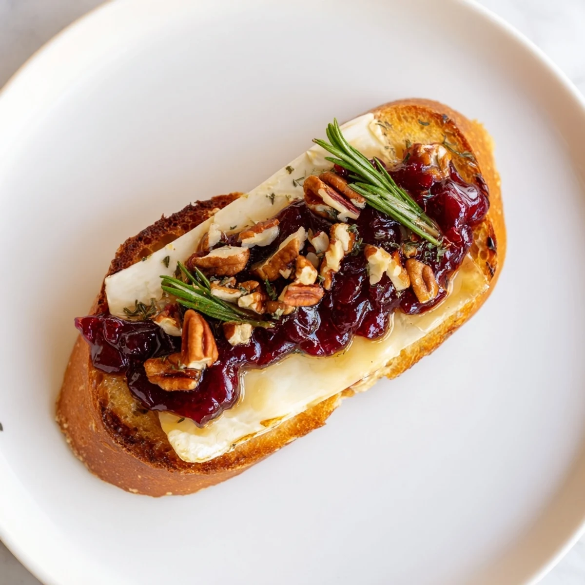 Golden-brown Quick Cranberry Brie Crostini, topped with tangy cranberry sauce and fresh rosemary sprigs.
