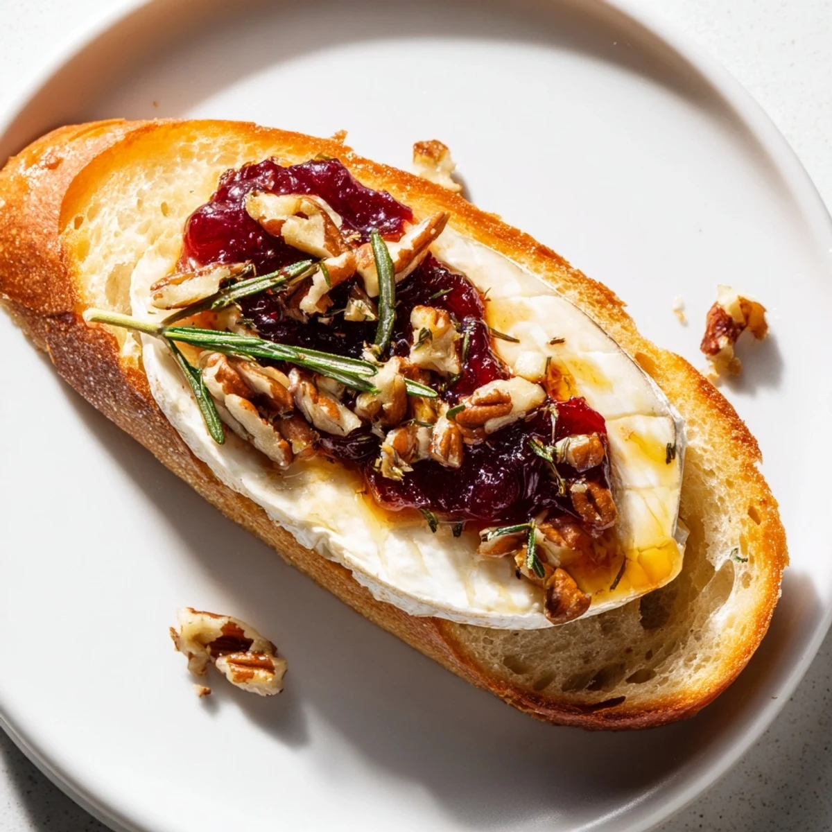 A close-up of festive Quick Cranberry Brie Crostini: creamy, sweet, and perfect for your next gathering.