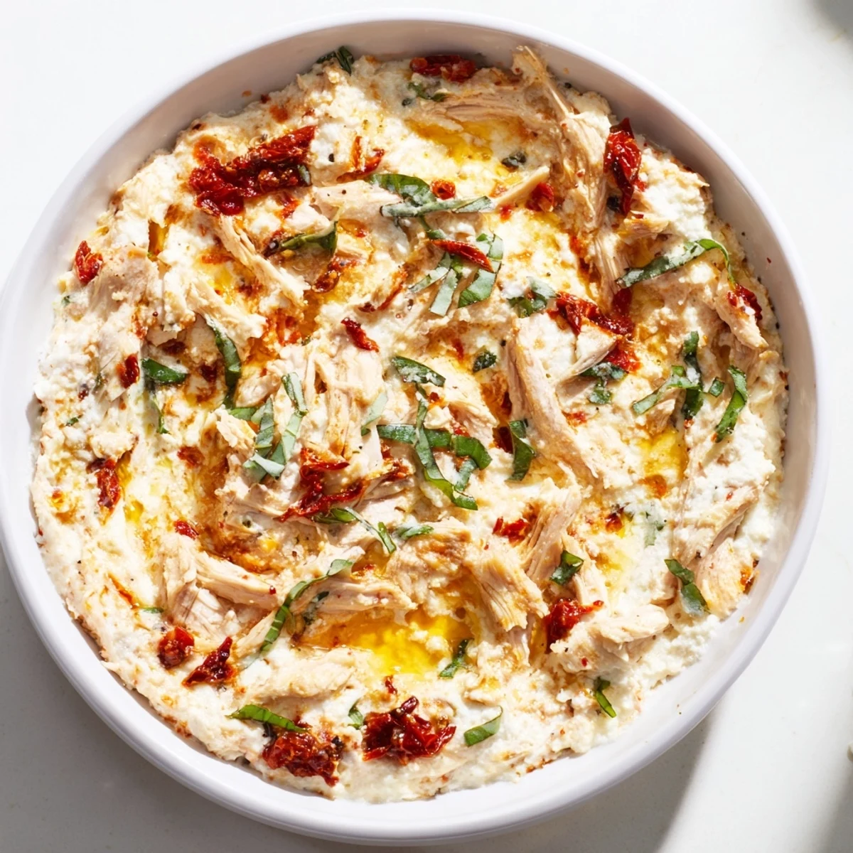 A close-up of bubbling Lightened Marry Me Chicken Dip; imagine the rich creaminess with toasted baguette.