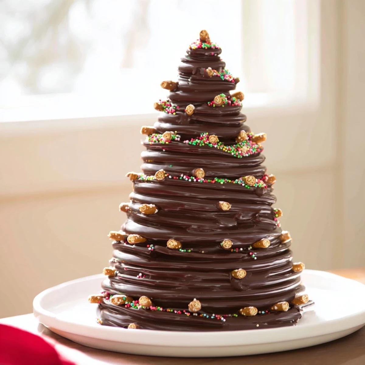 Melted chocolate drizzled into tree shapes, topped with sprinkles, making quick Express Chocolate Christmas Trees.