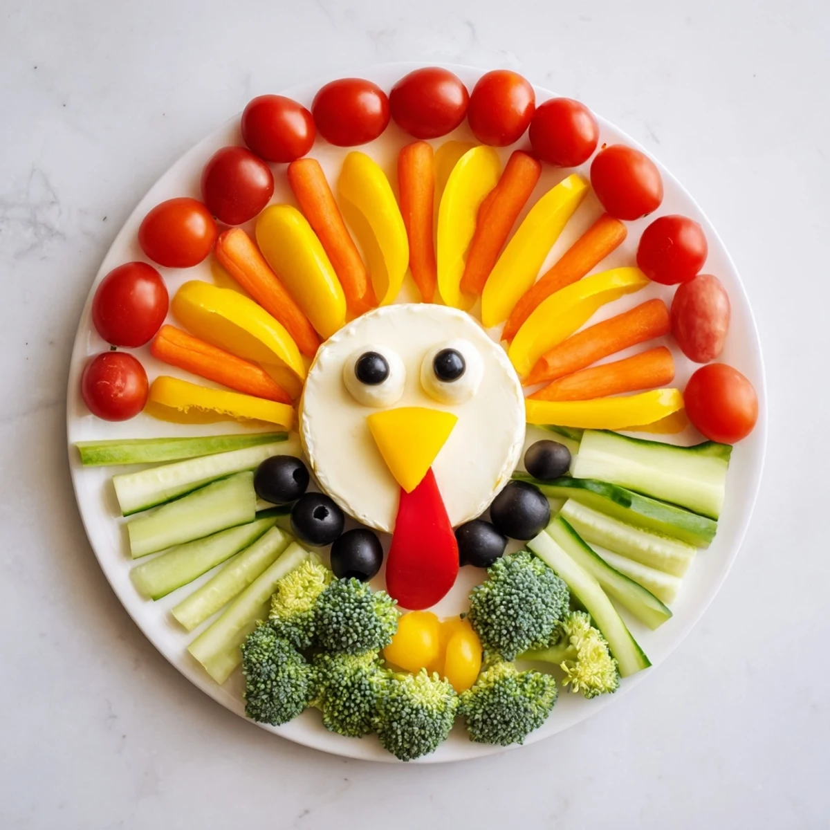 Colorful turkey shaped appetizer tray featuring bright bell peppers, tomatoes, and arranged for a festive occasion.