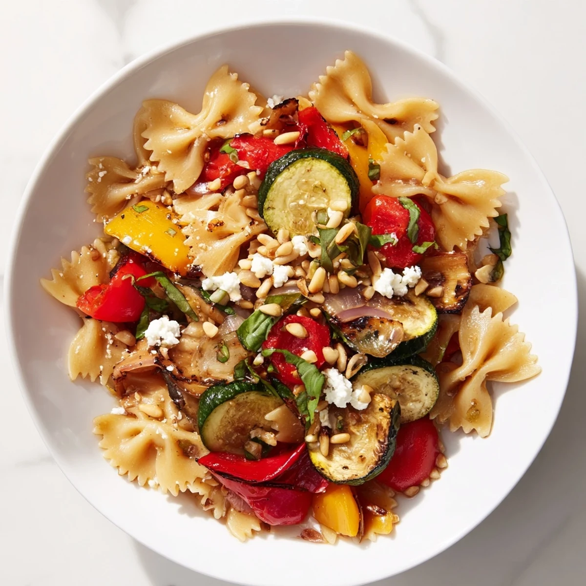 Beautifully arranged Festive Bow Tie Pasta Platter, featuring bright red and yellow bell peppers alongside fresh herbs.
