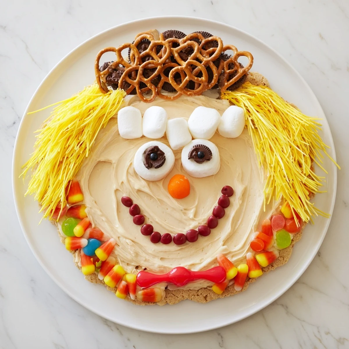 Scarecrow Candy Platter: A fun, edible scarecrow with a smiling licorice mouth and candy corn details.