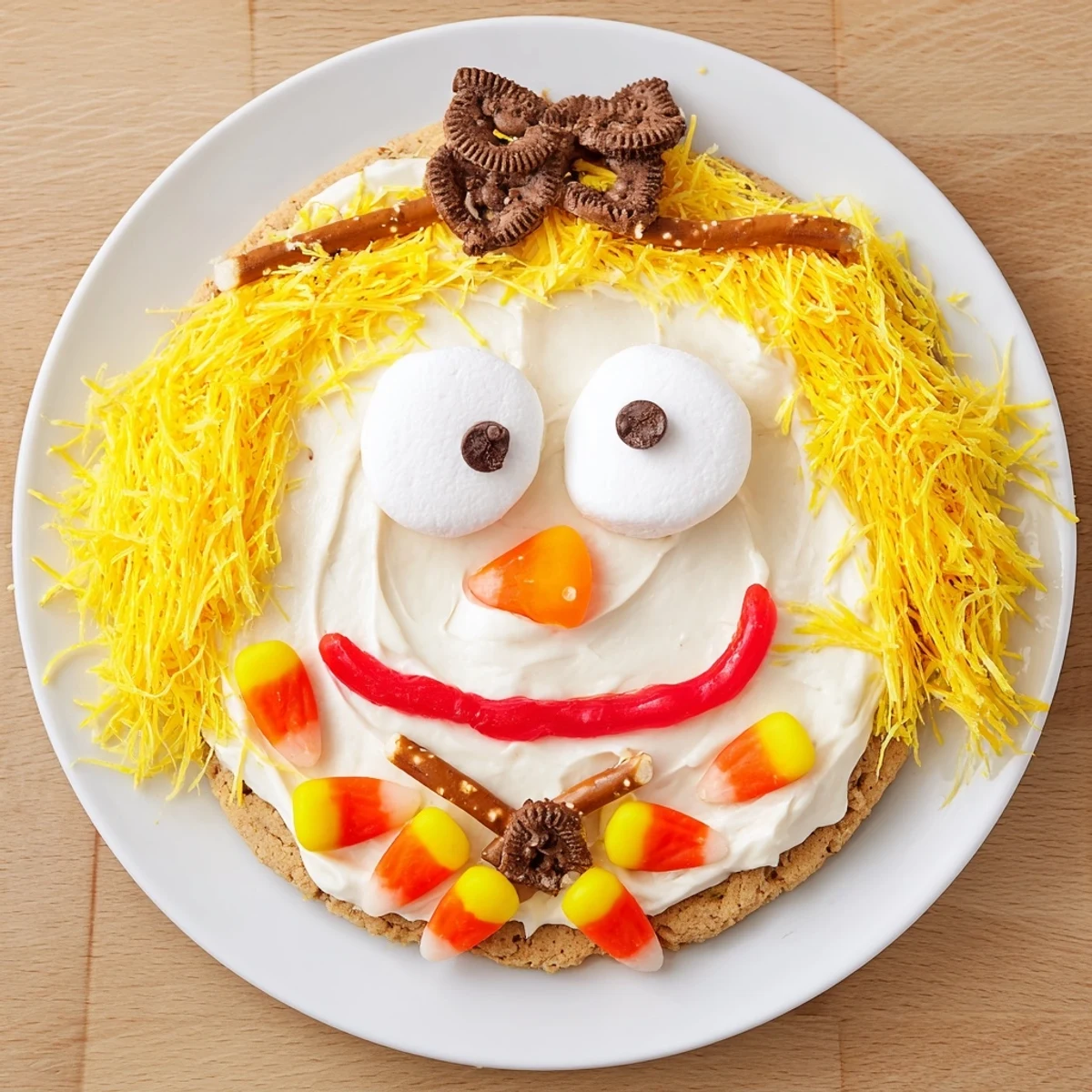 Festive Scarecrow Candy Platter: A whimsical, fall-themed arrangement with chocolate chip eyes and a pretzel bow tie.
