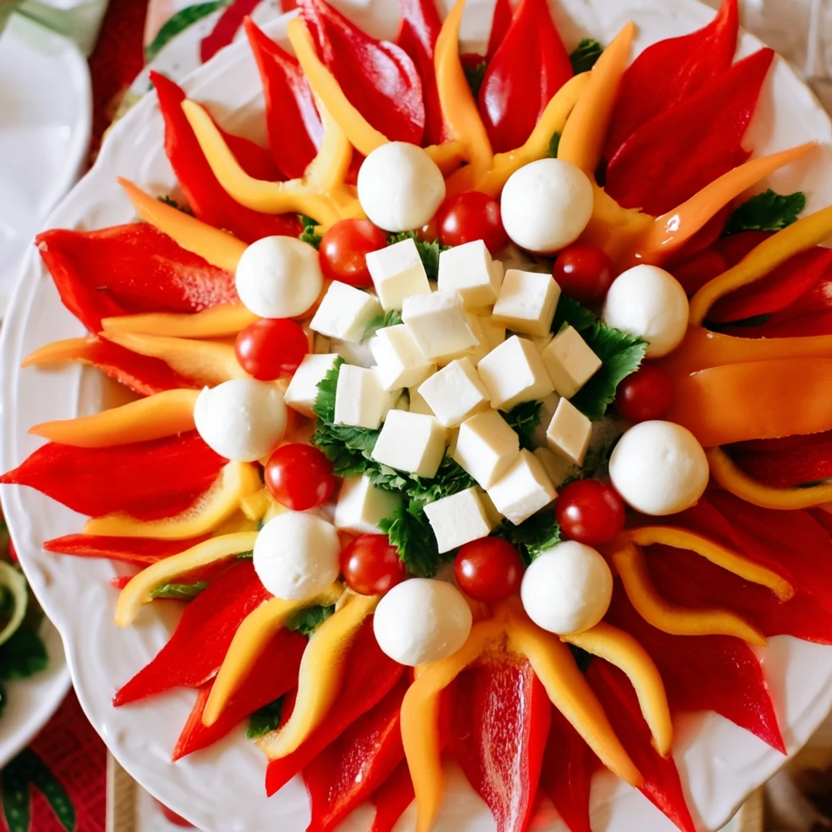 Festive Poinsettia Platter: A vibrant, colorful appetizer platter featuring fresh veggies and cheeses.