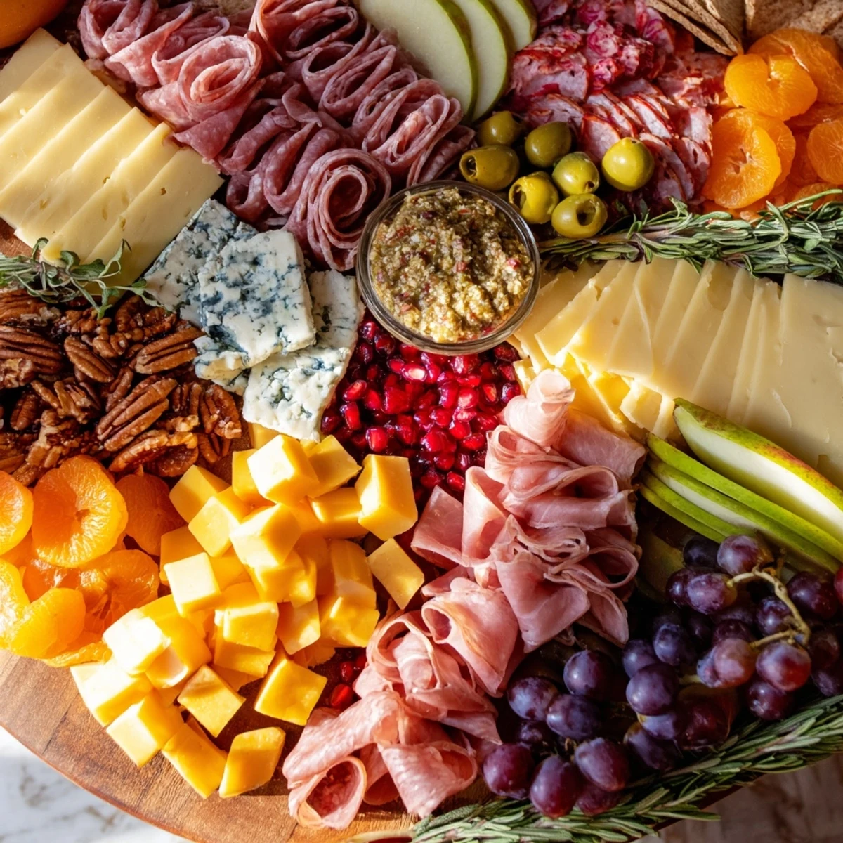 Vibrant photo shows a festive Sleigh Ride Charcuterie, ready to serve, with artisan cheeses and holiday treats.