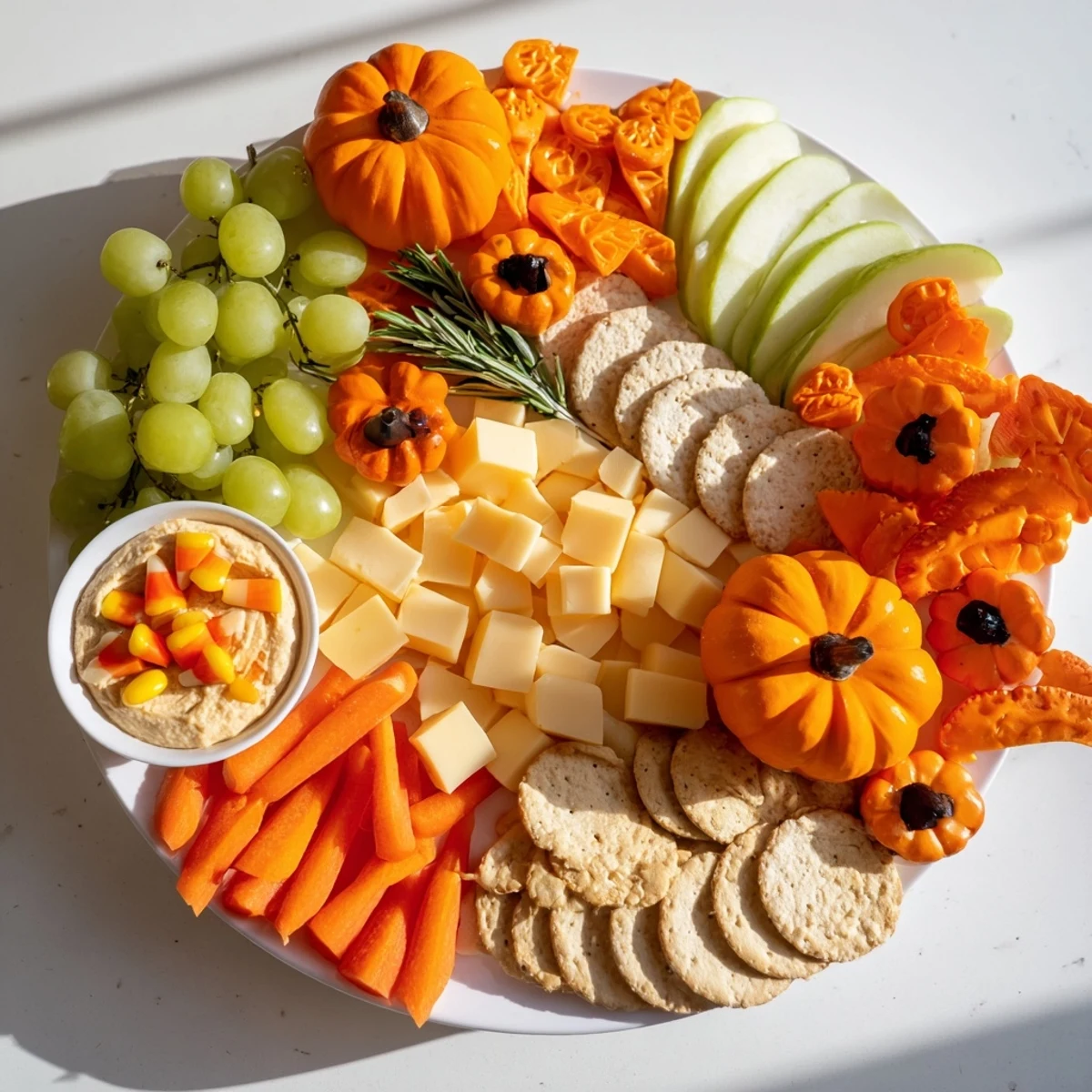 A visually appealing Pumpkin Patch snack board with cheeses, fruits, and autumn treats.