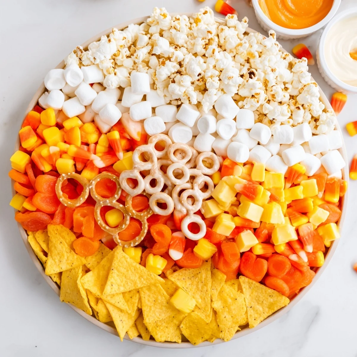 Vibrant Candy Corn Spooky Board arranged with colorful candy, cheese, and fruit, ready to snack on.