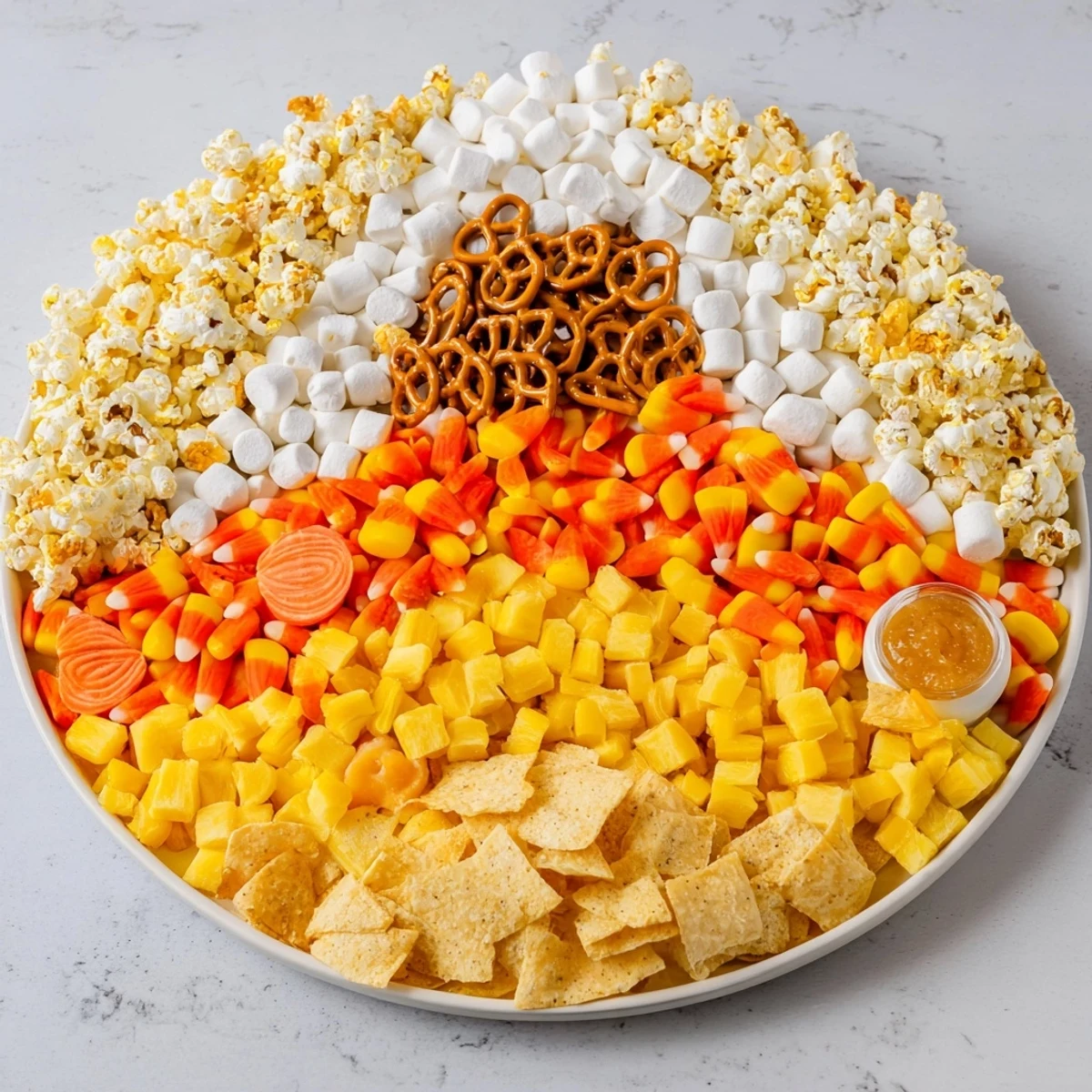 Delectable Candy Corn Spooky Board offers a fun selection of colorful snacks for Halloween parties and gatherings.