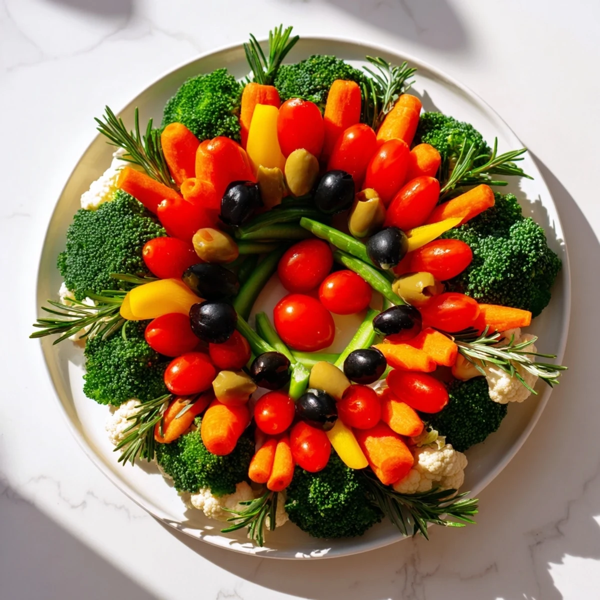 Fresh Garland Veggie Wreath, a colorful and healthy holiday appetizer, ready to enjoy.