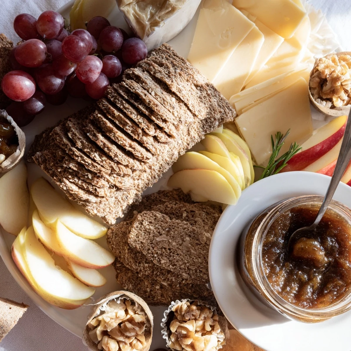 Golden Wheat Bundle Board arranged with cheeses, fruits, and olives; ready for a delightful appetizer.
