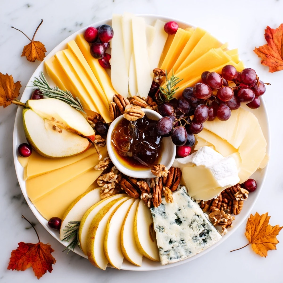 Warm, inviting Autumn Leaf Cheese Platter, showcasing colorful cheeses and fresh fruit for an elegant snack.