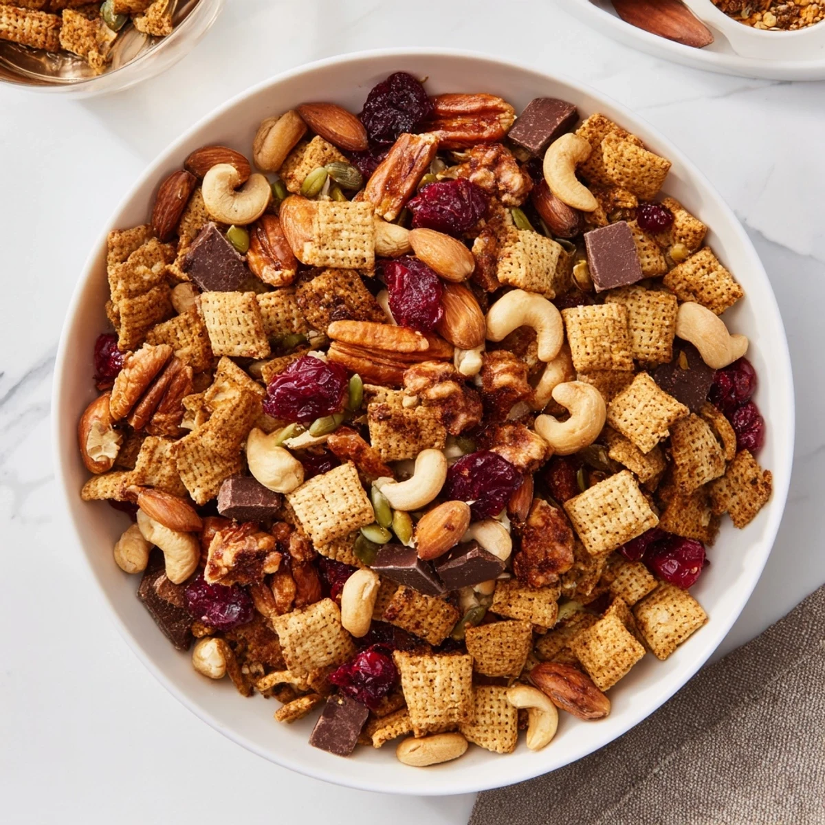 Golden, roasted Acorn & Oak Snack Mix with cranberries, perfect for a flavorful, crunchy snack.