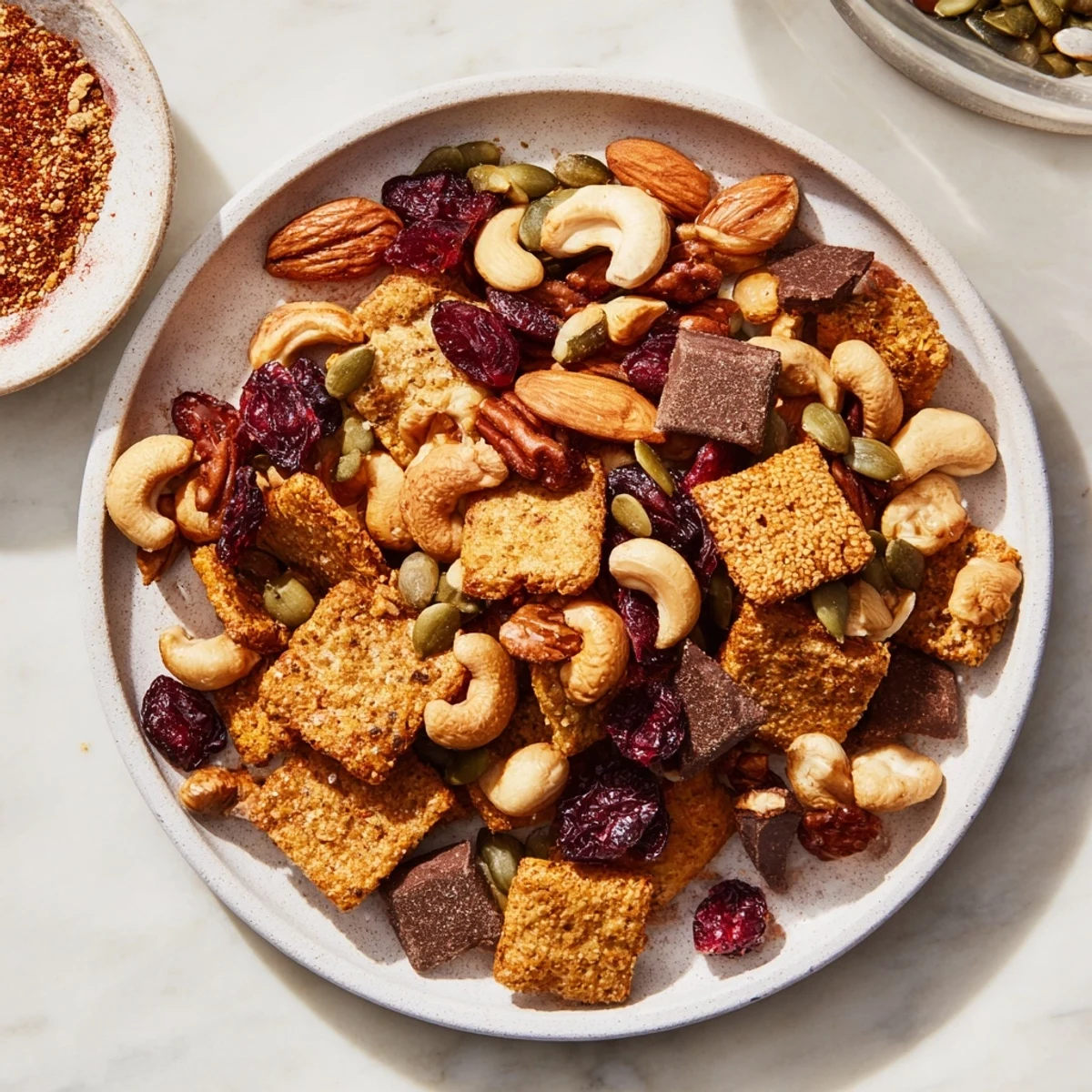 Close-up of a delightful bowl of homemade, gluten-free Acorn & Oak Snack Mix, ready to enjoy.