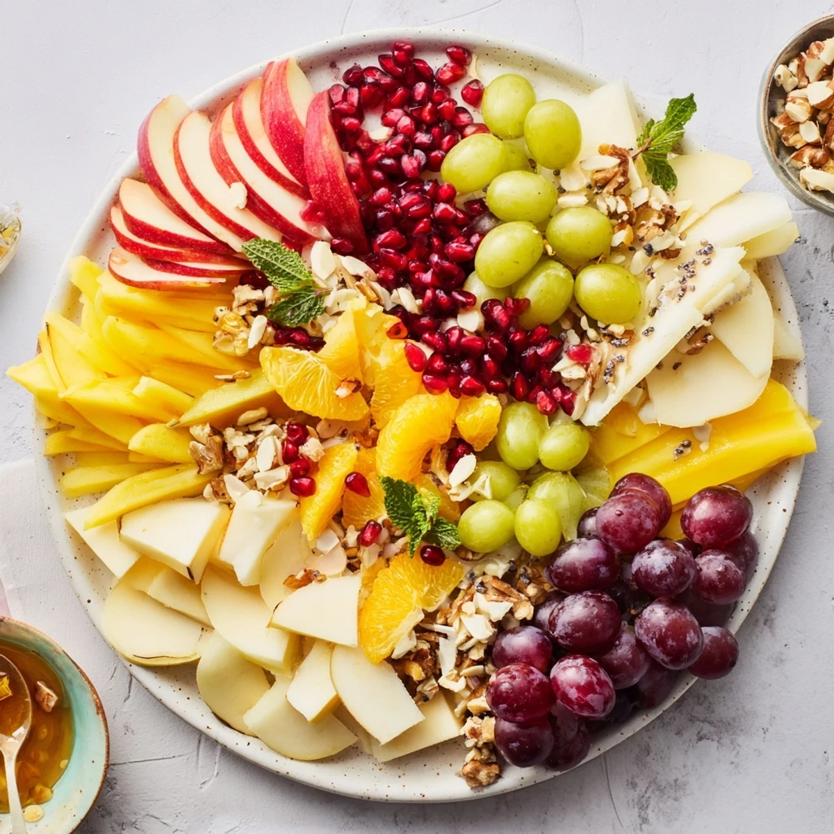 Imagine a delicious Apple Orchard Fruit Board, featuring crisp apples and a drizzle of golden honey.