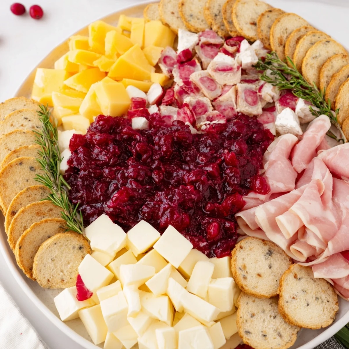 Holiday-ready Cranberry Wreath Platter displaying goat cheese rounds, crackers, and the homemade cranberry sauce for guests.