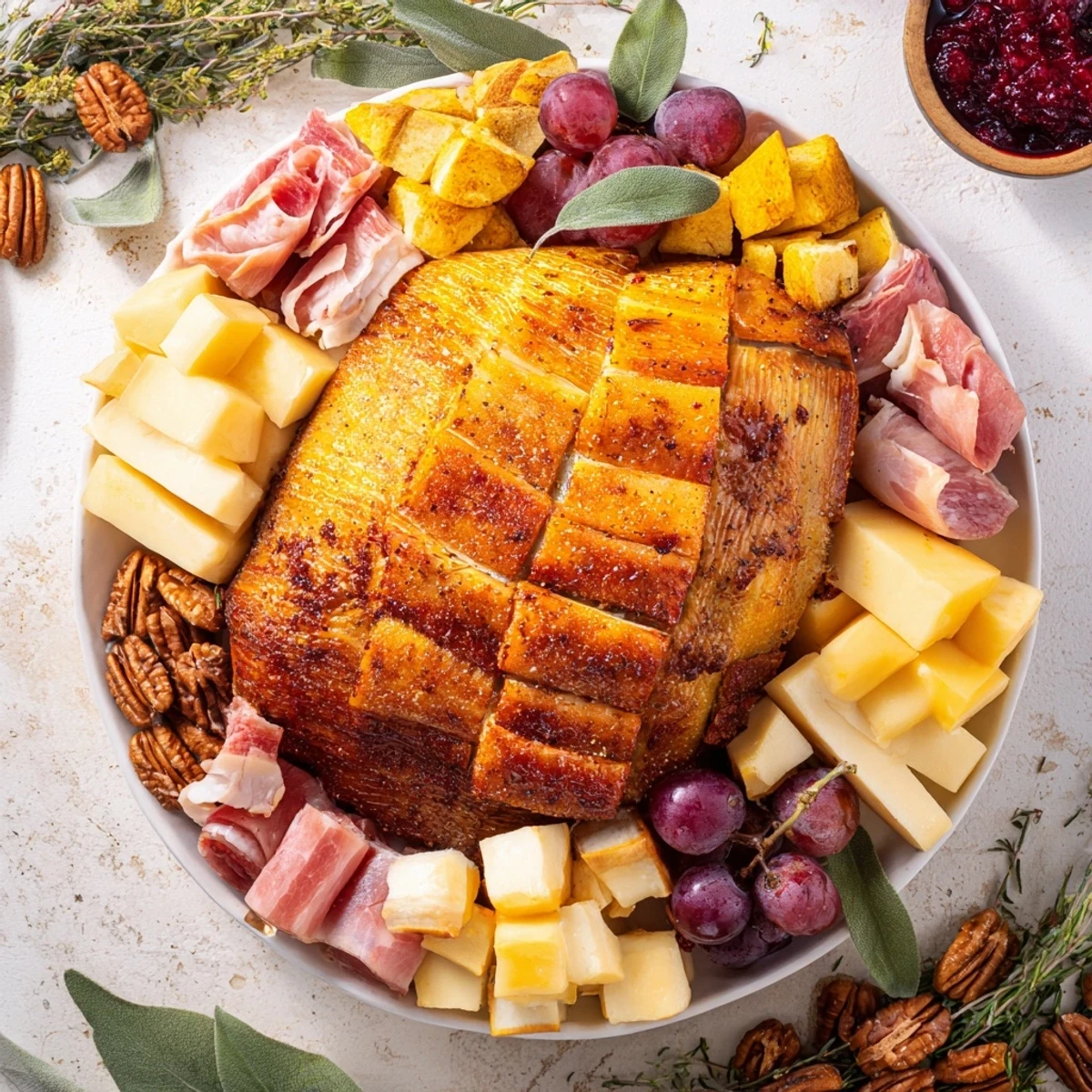 Beautiful platter featuring golden-brown Thanksgiving turkey legs, surrounded by various tasty charcuterie additions.