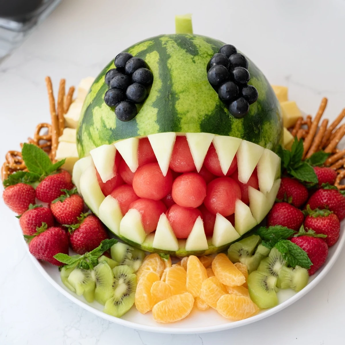 Colorful Watermelon Wave Shark Snack Board, a refreshing edible centerpiece for summer parties and kids.