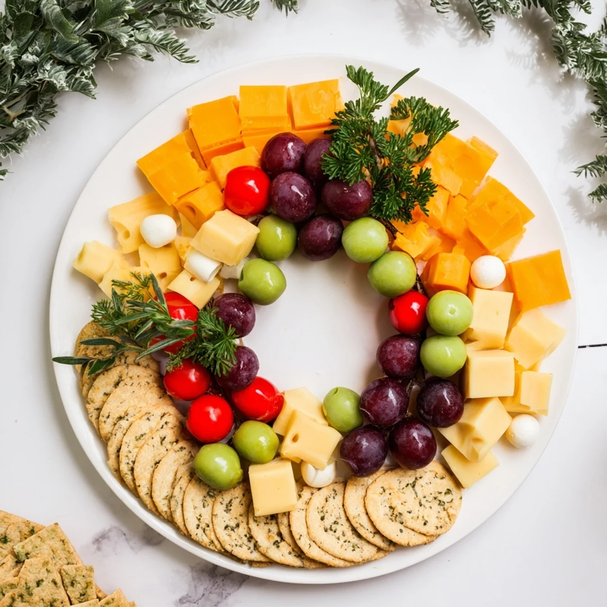 Jingle Bell Cheese & Cracker Wreath: a vibrant, festive appetizer wreath overflowing with cheese and colorful garnishes.