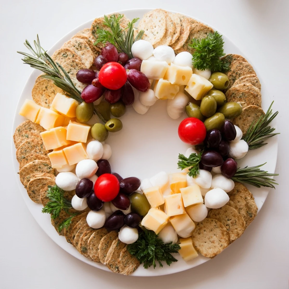 Vivid Jingle Bell Cheese & Cracker Wreath with creamy cheeses, juicy grapes, and fragrant rosemary sprigs for a party.