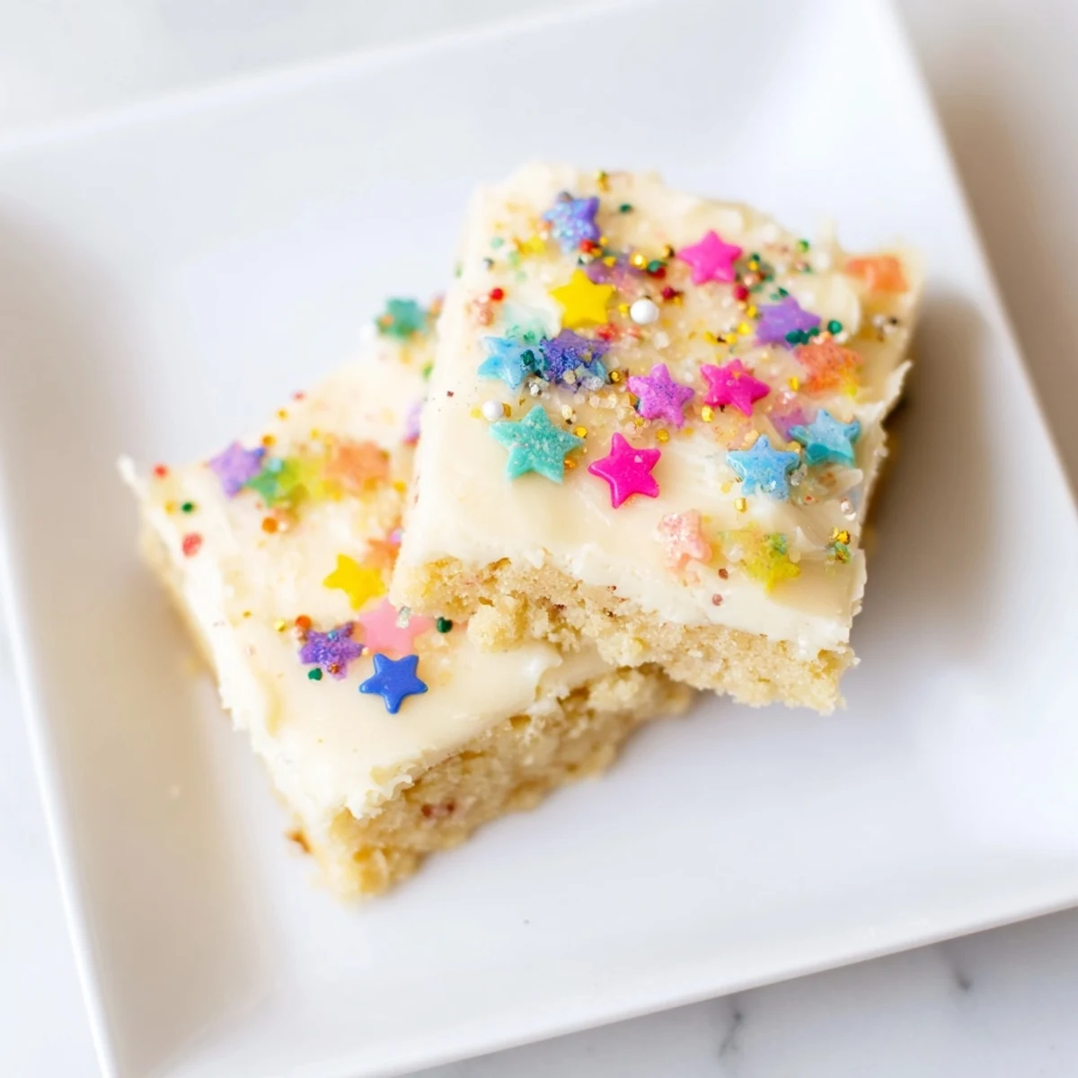 Golden-baked Twinkle Twinkle Star Dessert Bars, frosted with creamy vanilla and sprinkled with starbursts.