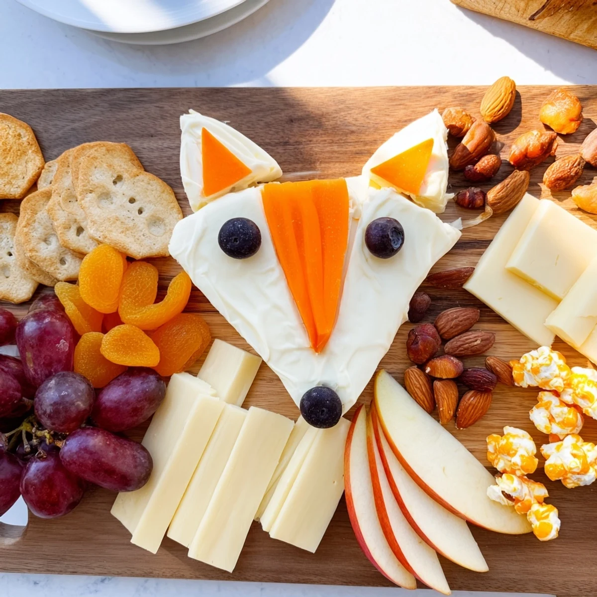 A beautifully arranged Whimsical Fox Fall Treat Board, bursting with autumn fruits and cheeses.