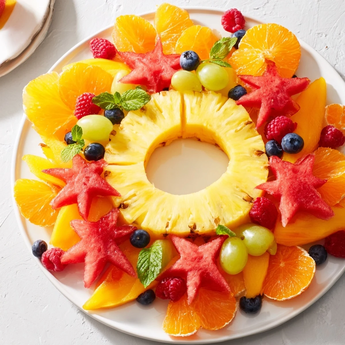 Vibrant Summer Rays Sun-Shaped Fruit Tray, bursting with colorful mangoes, oranges, and watermelon stars.