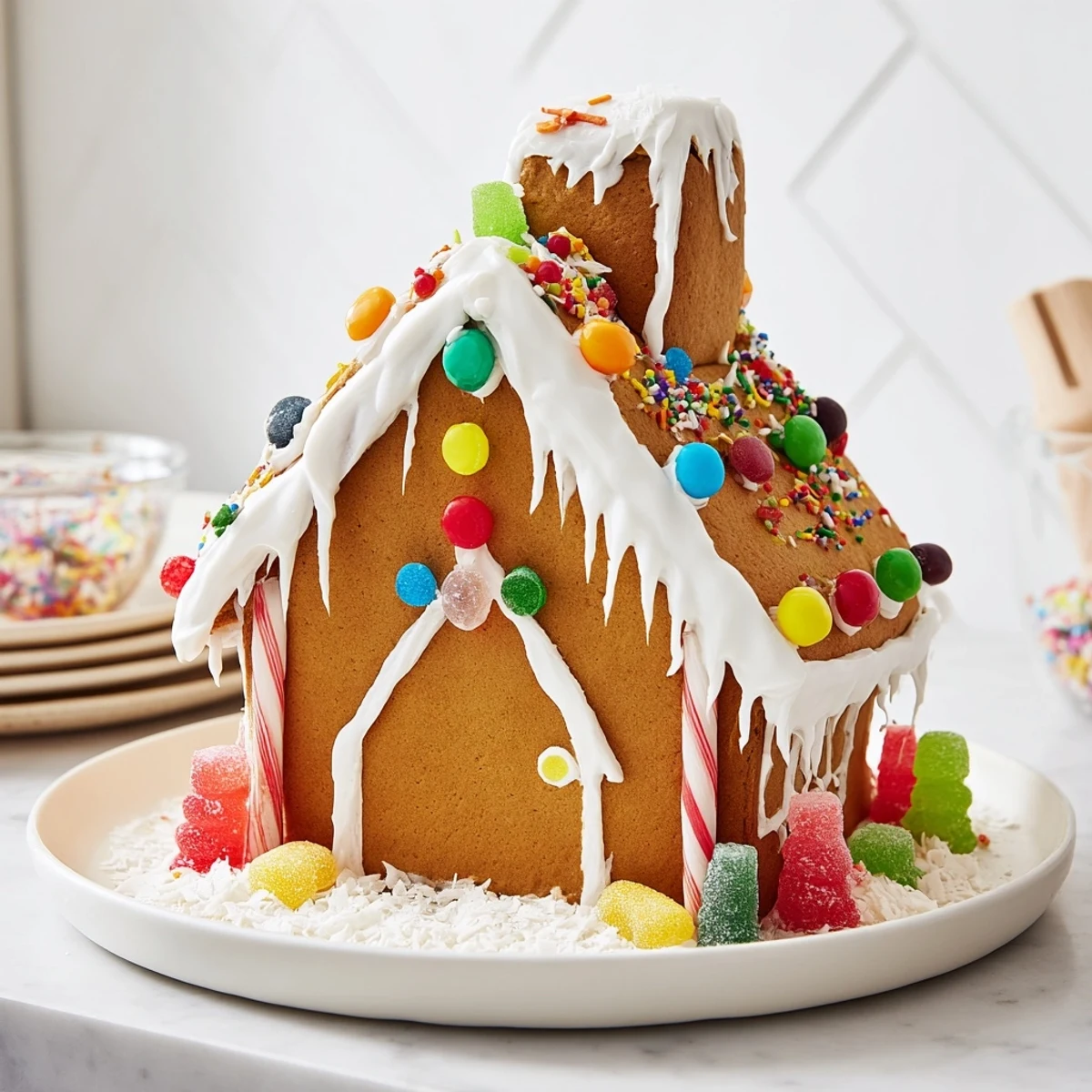 A beautifully decorated gingerbread house recipe, showcasing colorful candies and glistening royal icing.